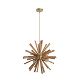 Brussels 8 light wooden starburst chandelier shown from the front with natural wood rods, brass-tone frame and globe bulbs.