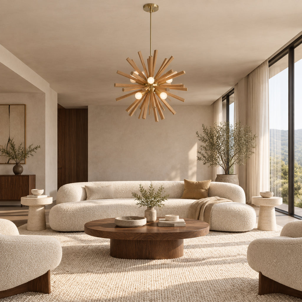 Brussels 8 light natural wood starburst chandelier featuring a long brass-tone downrod and sculptural radial design.
