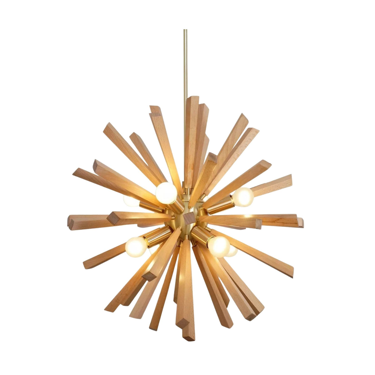 Brussels 8 light starburst chandelier illuminated from the front with natural wood rods, brass-tone accents and globe bulbs.