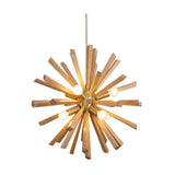 Brussels 8 light starburst chandelier illuminated from the front with natural wood rods, brass-tone accents and globe bulbs.