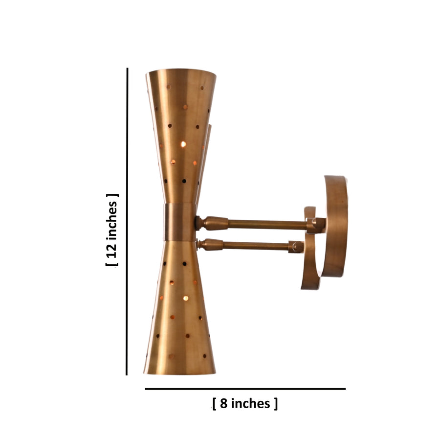 Pair of mid-century modern brass double cone wall sconces with perforated design, front view