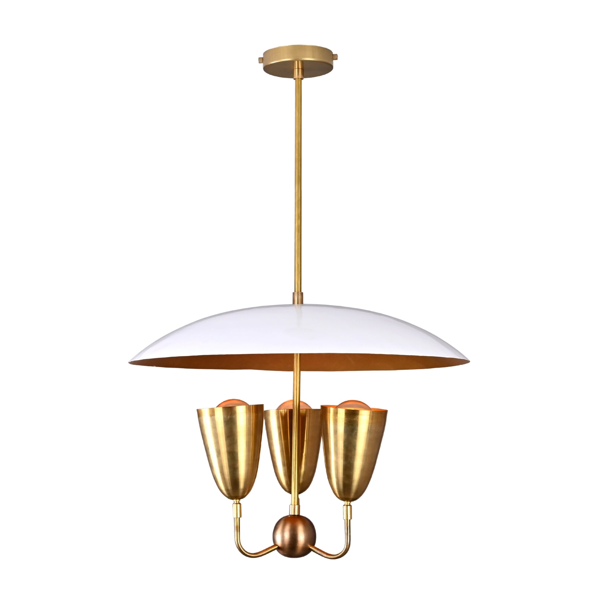 Raw Brass Disc Pendant Light – 3-Light Cone Chandelier | Handmade Brass Ceiling Fixture (24" x 36") | Mid-Century Modern Lighting 32474