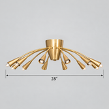 Dimension diagram of the Cairo 12-light brass gooseneck chandelier showing a 28-inch width, with curved metal arms, tapered cone holders, and a compact ceiling-mounted structure.