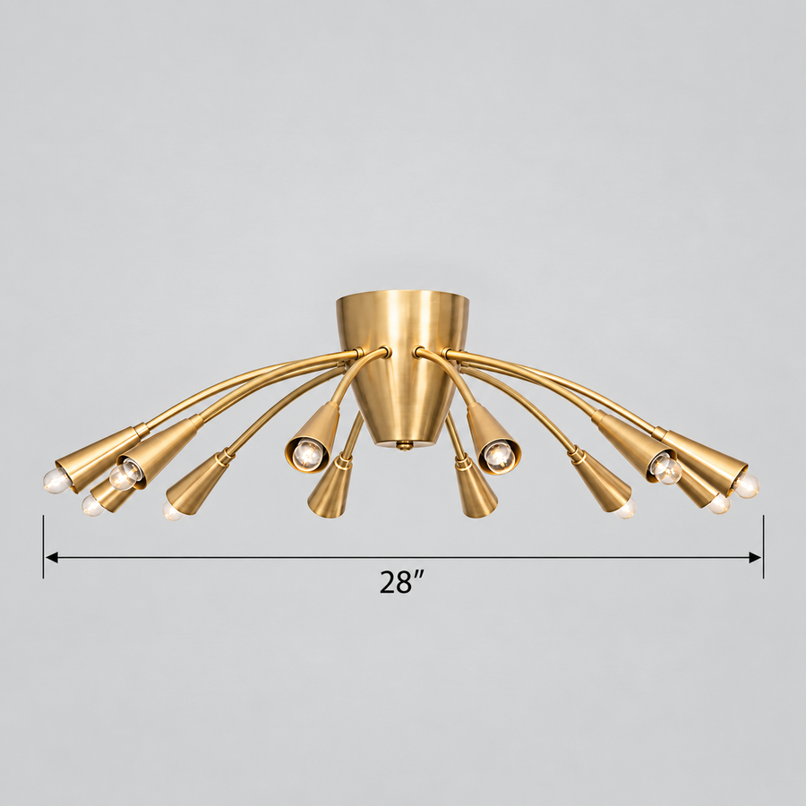 Cairo 12-light brass gooseneck chandelier illuminating a luxurious contemporary living room at night with a cream sectional sofa, black marble coffee table, warm ambient lighting, and city skyline views.