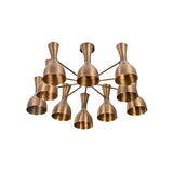 Cairo Diabolo chandelier featuring ten sculptural cone shades arranged in a bold radial ceiling design.