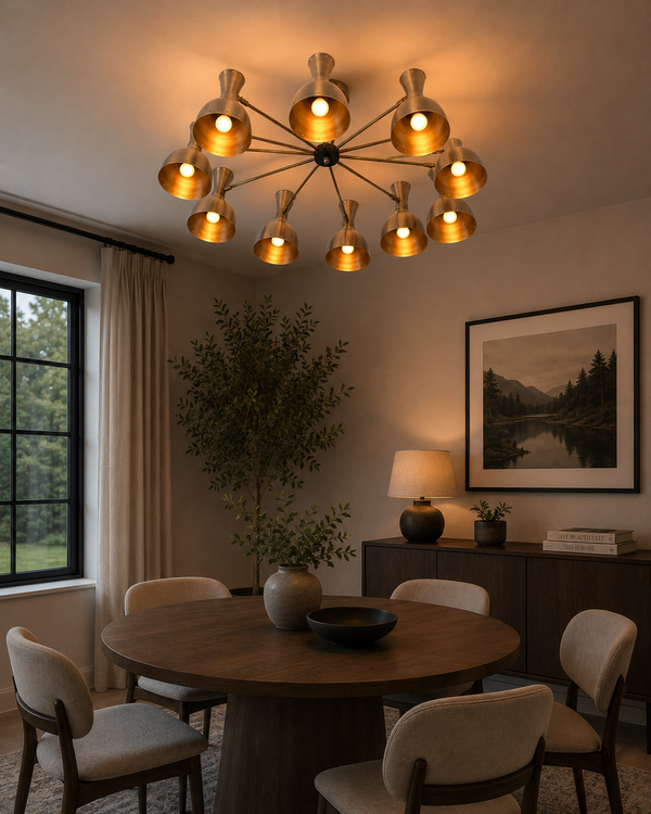 Cairo Diabolo chandelier installed above a round dining table, creating warm Mid-Century Modern ambient lighting.