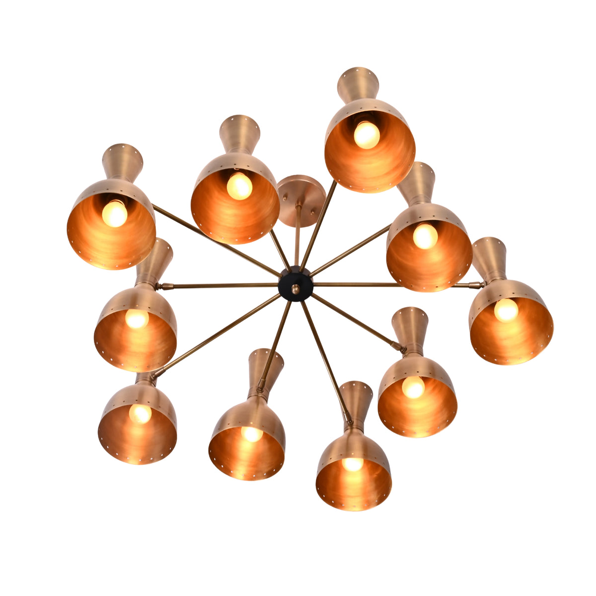 Cairo Diabolo chandelier shown illuminated, highlighting warm cone interiors and dramatic sculptural ceiling presence.
