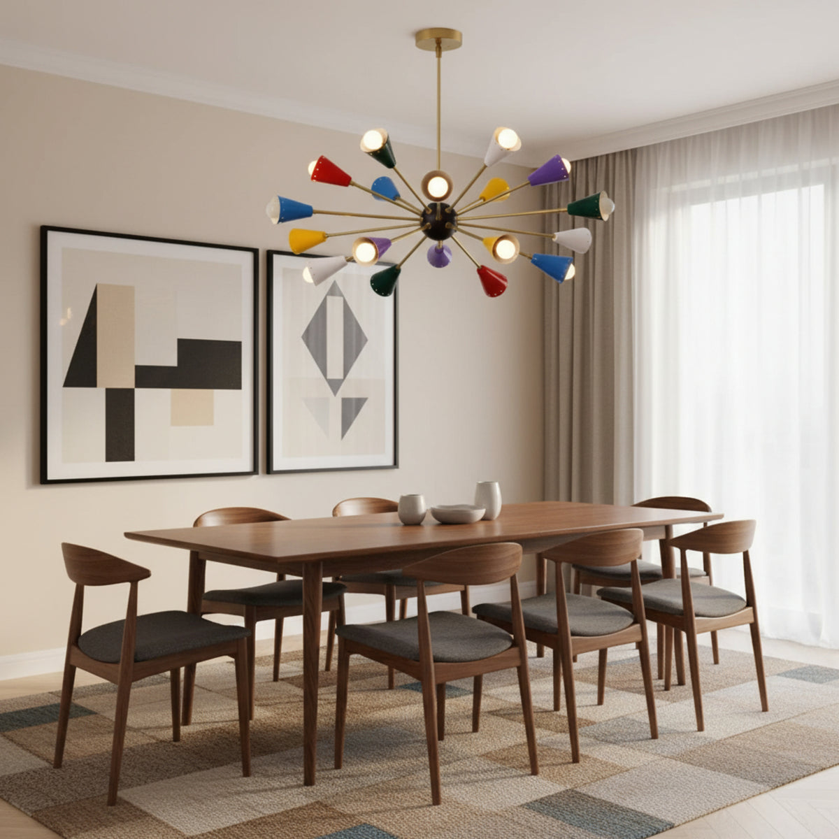 Cairo 18 light multicolor Sputnik chandelier shown from an angled view with colorful cone shades and brass-tone radial arms.