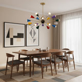 Cairo 18 light multicolor Sputnik chandelier shown from an angled view with colorful cone shades and brass-tone radial arms.