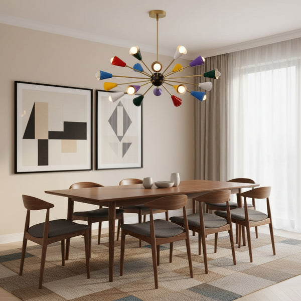 Cairo 18 light multicolor Sputnik chandelier shown from an angled view with colorful cone shades and brass-tone radial arms.