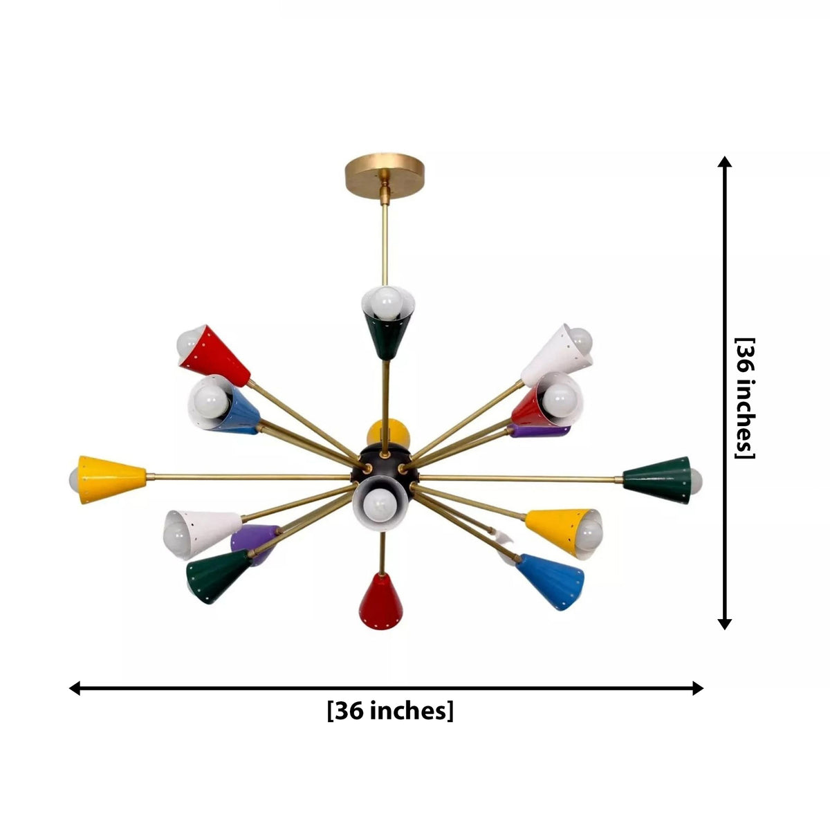 Cairo 18 light multicolor Sputnik chandelier dimension view showing 36 inch width and 36 inch overall height.