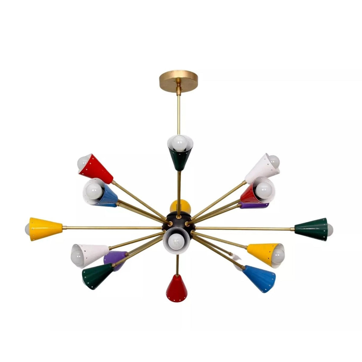 Cairo 18 light Mid-Century Modern Sputnik chandelier shown from the front with multicolor cone shades and brass-tone arms.