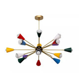 Cairo 18 light Mid-Century Modern Sputnik chandelier shown from the front with multicolor cone shades and brass-tone arms.