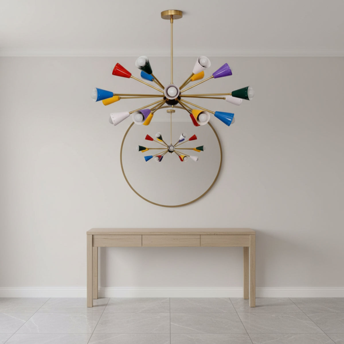 Cairo 18 light colorful Sputnik chandelier shown from a side angle with brass-tone arms, cone shades, and exposed globe bulbs.