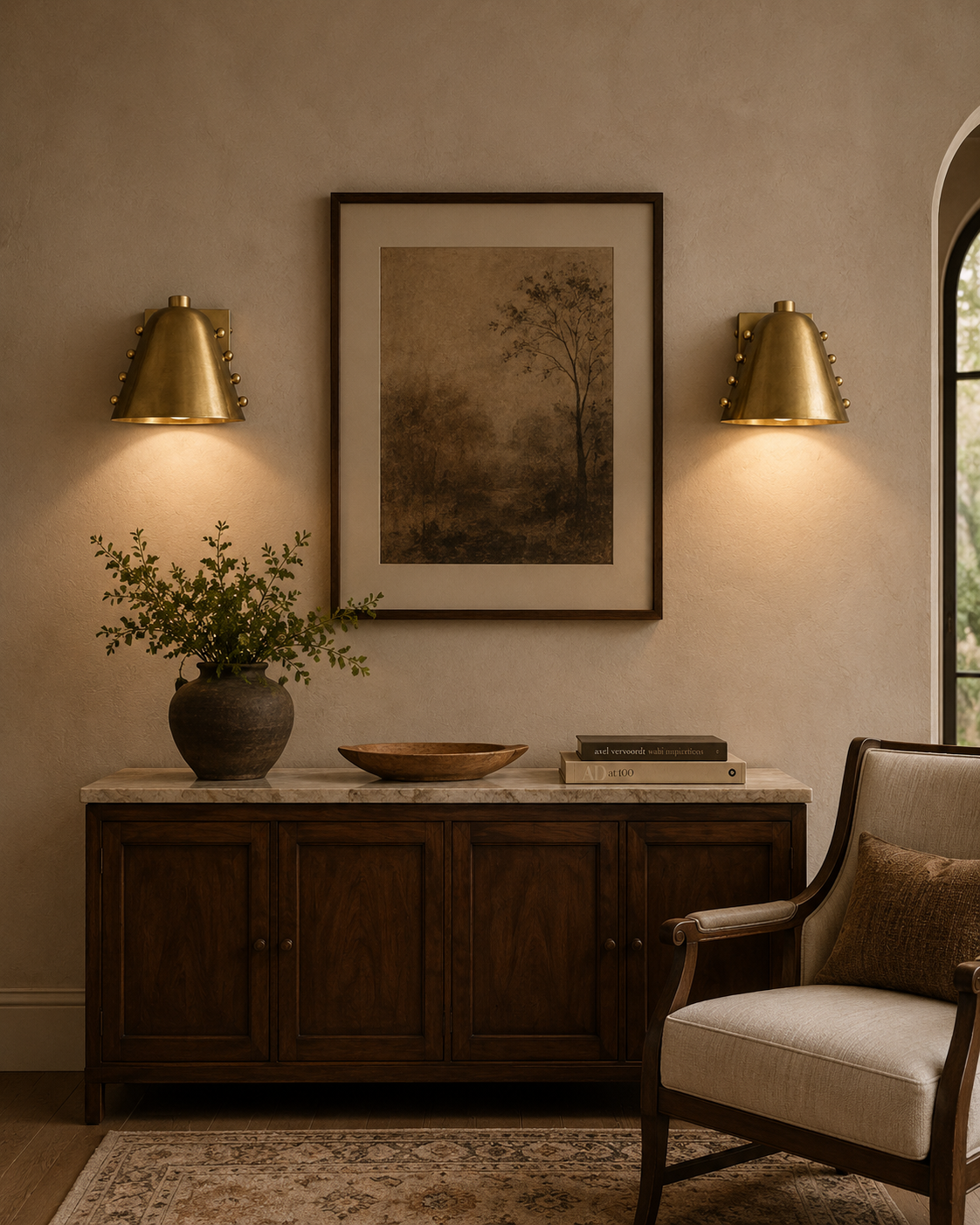 Pair of Cambria Studded Dome Wall Sconces installed in a warm contemporary living room, providing elegant downward ambient lighting.