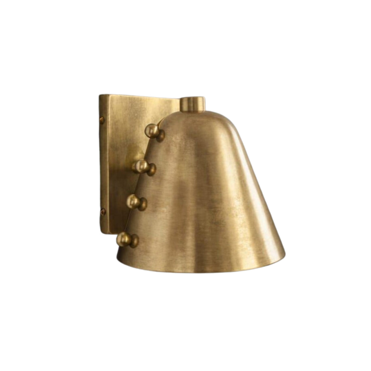 Rear angle view of the Cambria Studded Dome Wall Sconce highlighting the handcrafted brass backplate and tapered dome construction.