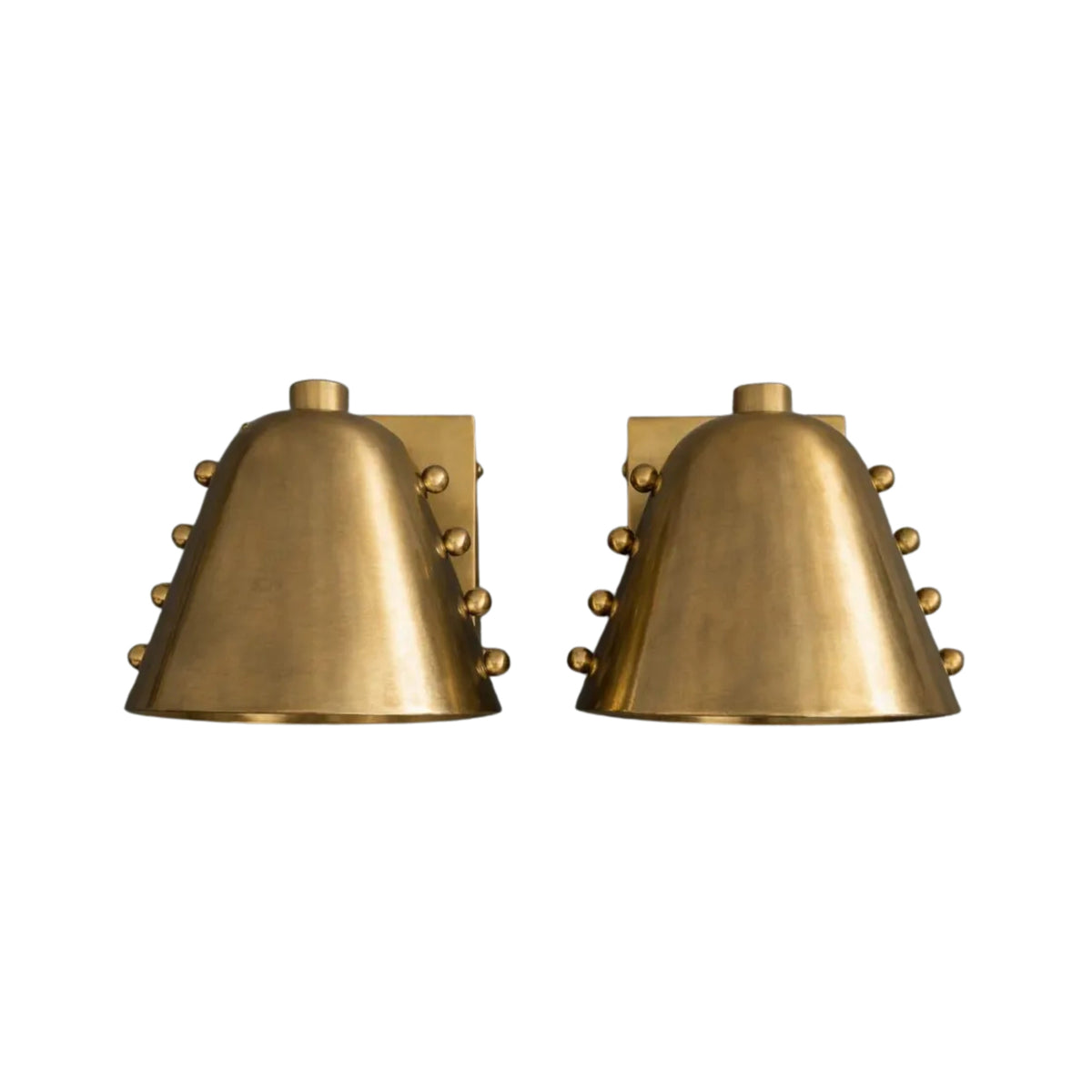 Cambria Studded Dome Wall Sconce Set of 2 in handcrafted brass with tapered dome shades and decorative stud detailing, front view.
