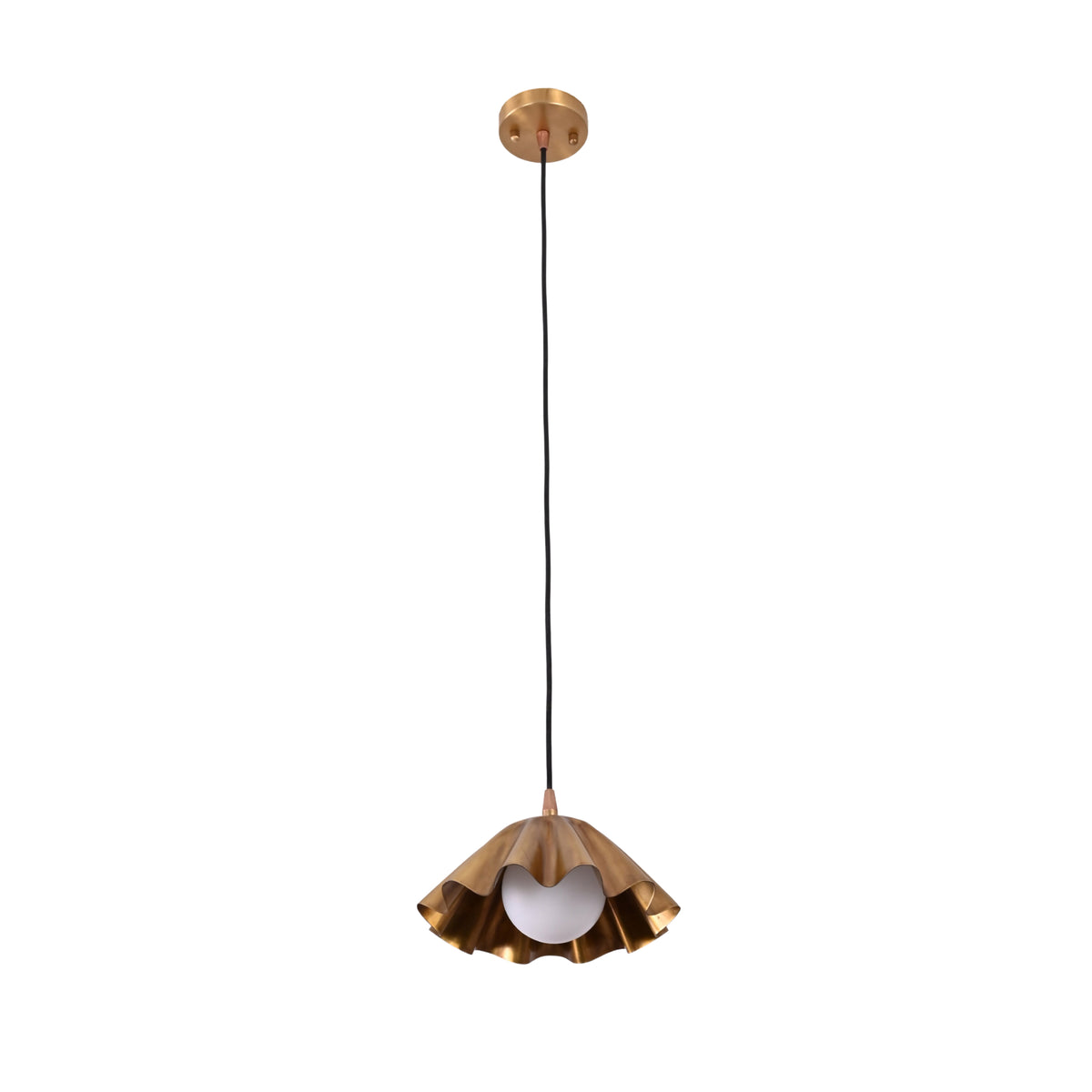 Front view of the Cambria Fluted Petal Pendant Light featuring a handcrafted fluted brass shade with an exposed frosted globe bulb and adjustable suspension cord.