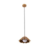 Front view of the Cambria Fluted Petal Pendant Light featuring a handcrafted fluted brass shade with an exposed frosted globe bulb and adjustable suspension cord.