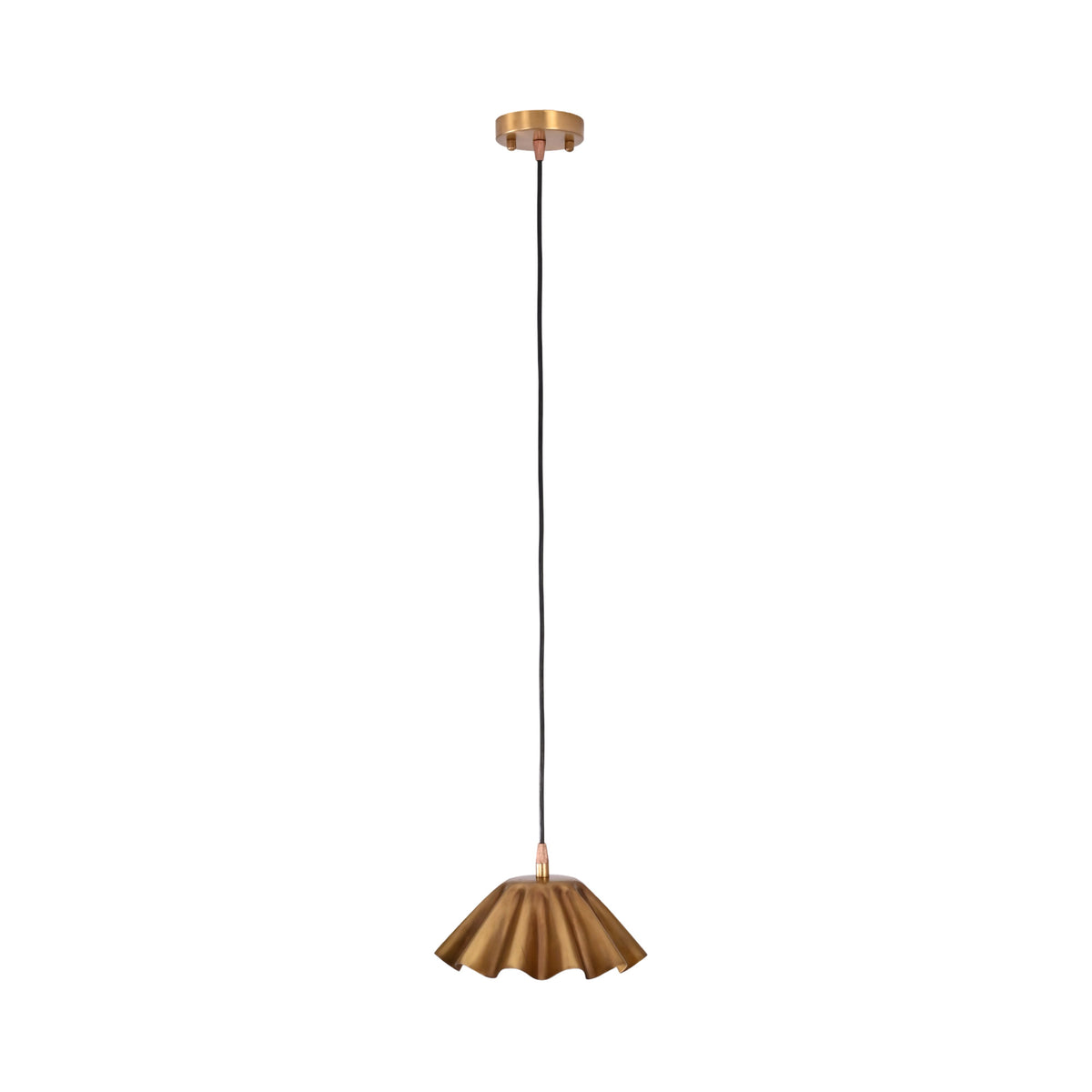 Rear view of the Cambria Fluted Petal Pendant Light highlighting the handcrafted fluted brass shade, sculptural silhouette, and adjustable cord suspension.