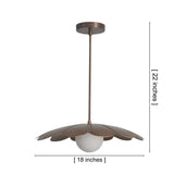 Front view of Cambria Modern Petal Disc Pendant Light showing the flower-inspired metal petal shade, frosted globe diffuser, and overall dimensions of 18-inch diameter by 22-inch height.