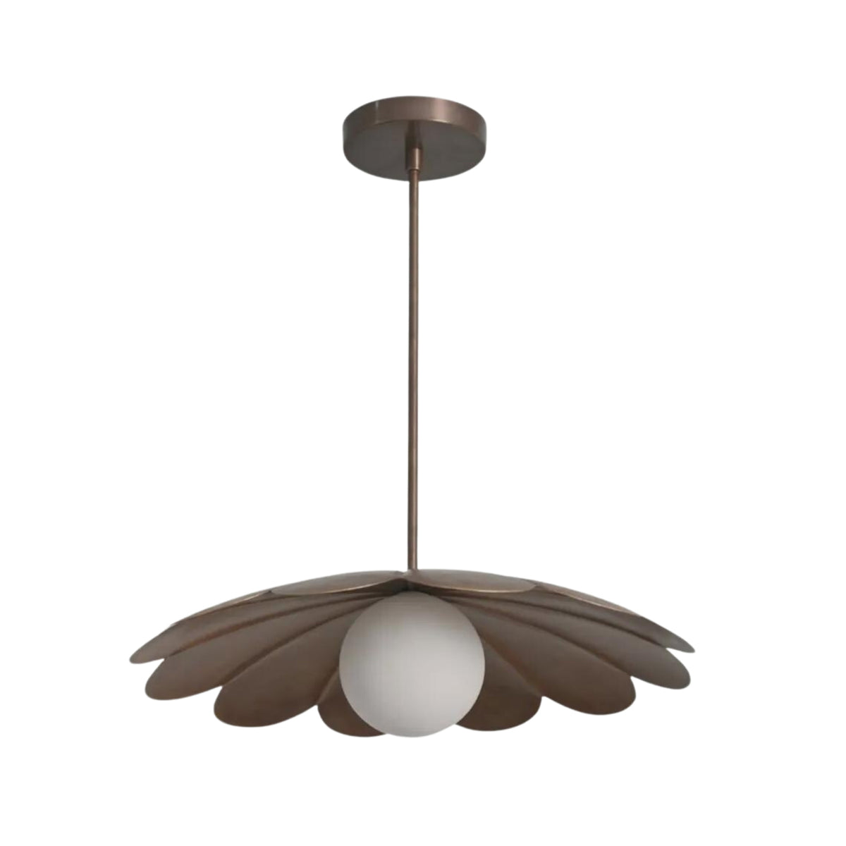 Front perspective of the Cambria Modern Petal Disc Pendant Light featuring layered sculpted metal petals with a frosted globe light and minimalist ceiling canopy.