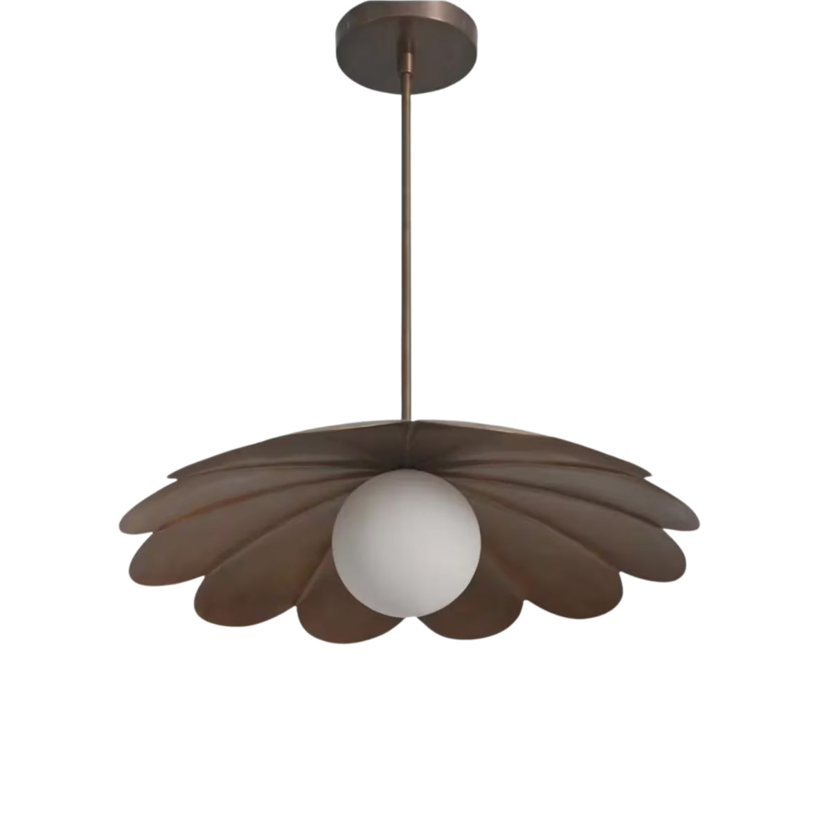 Side perspective of the Cambria Modern Petal Disc Pendant Light showcasing its sculptural flower petal silhouette, slim suspension rod, and soft globe illumination.