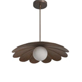 Side perspective of the Cambria Modern Petal Disc Pendant Light showcasing its sculptural flower petal silhouette, slim suspension rod, and soft globe illumination.