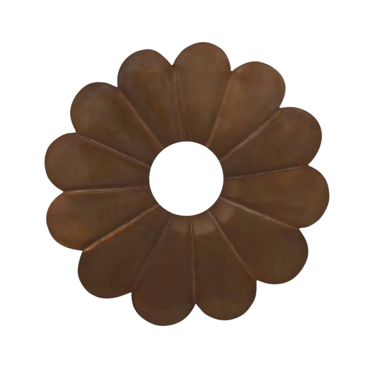 Top view of the Cambria Modern Petal Disc Pendant Light displaying the symmetrical flower-inspired layered metal petal design surrounding the central globe opening.