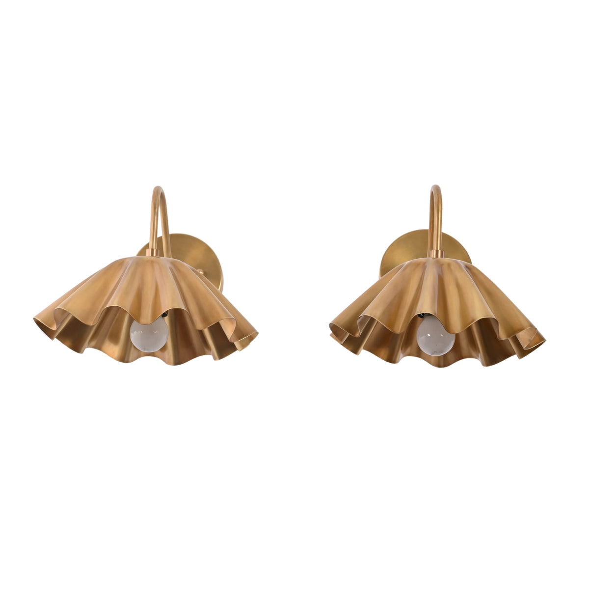 Front view of Cambria modern pleated brass wall sconce with handcrafted scalloped metal shade and elegant curved arm.