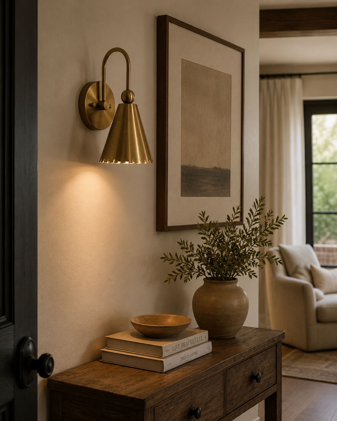 Cambria Scalloped Cone Wall Sconce installed in a modern hallway, providing warm ambient lighting above a wooden console table in a contemporary Scandinavian-inspired interior.