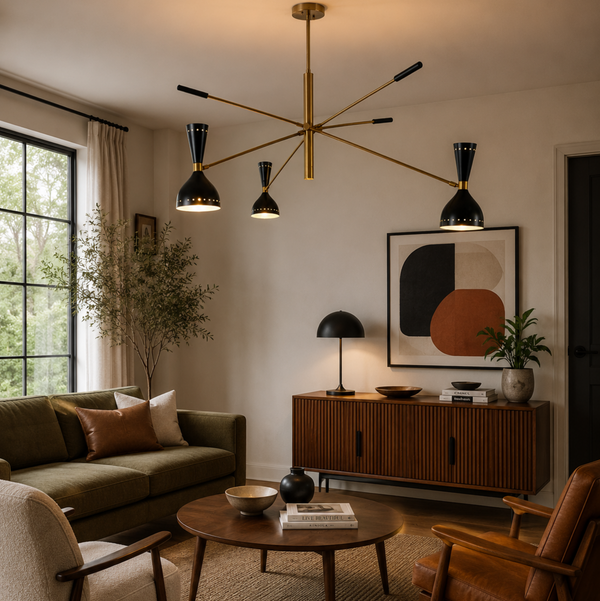 Cambridge 6 light black and antique brass sculptural multi-arm chandelier displayed in a warm mid-century modern living room.