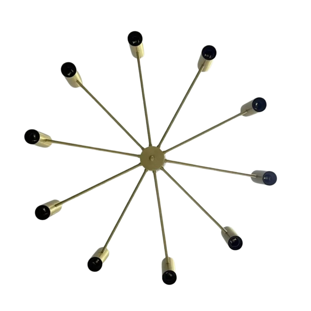 Bottom view of Cambridge 10 light chandelier showing radial brass-tone arms and cylindrical metal shades.