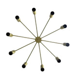 Bottom view of Cambridge 10 light chandelier showing radial brass-tone arms and cylindrical metal shades.