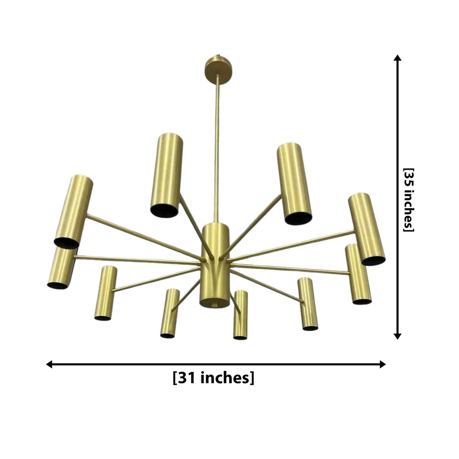 Cambridge 10 light brass chandelier displayed in a sophisticated living room with neutral seating and modern decor.
