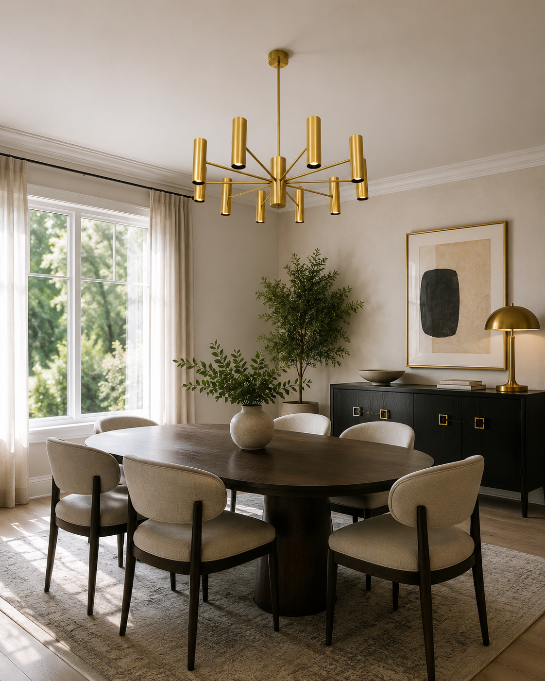 Cambridge 10 light brass chandelier displayed above a modern dining table in a bright contemporary dining room.