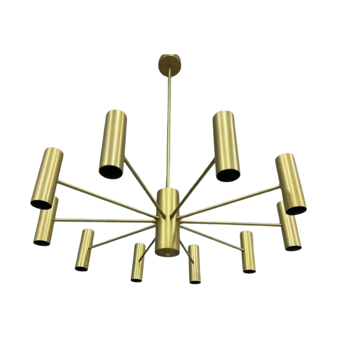 Cambridge 10 light brass-tone radial chandelier featuring sculptural arms and elongated cylindrical metal shades.