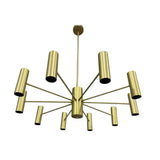 Cambridge 10 light brass-tone radial chandelier featuring sculptural arms and elongated cylindrical metal shades.