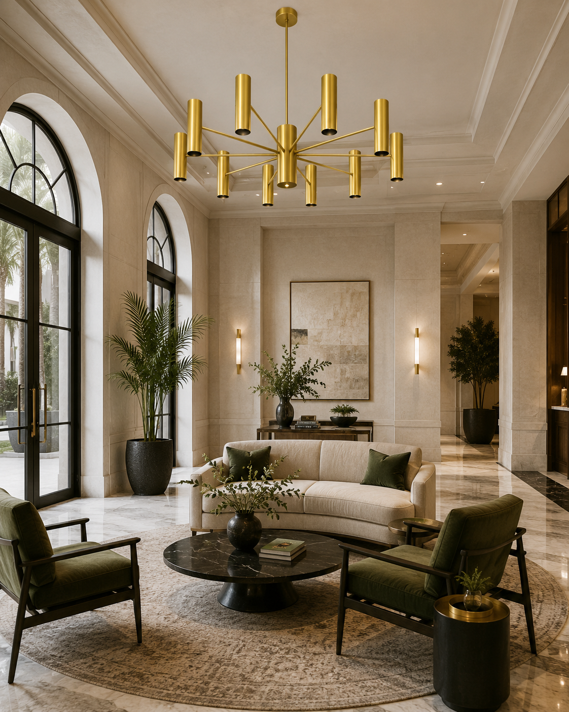 Cambridge 10 light brass chandelier displayed in a sophisticated living room with neutral seating and modern decor.