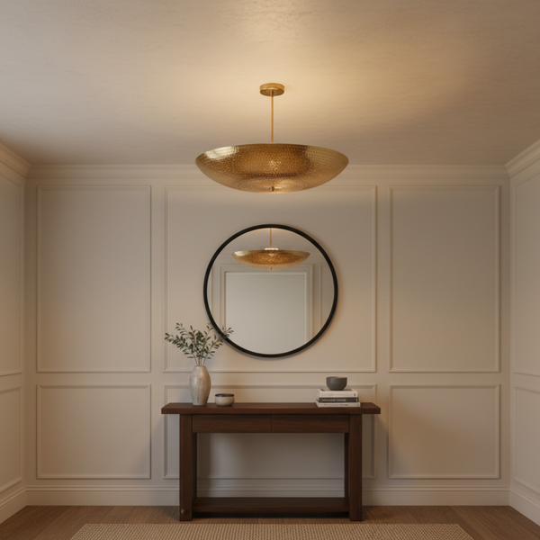 Cannes 6 light hammered brass-tone bowl chandelier close-up showing the textured metal shade and ceiling canopy.
