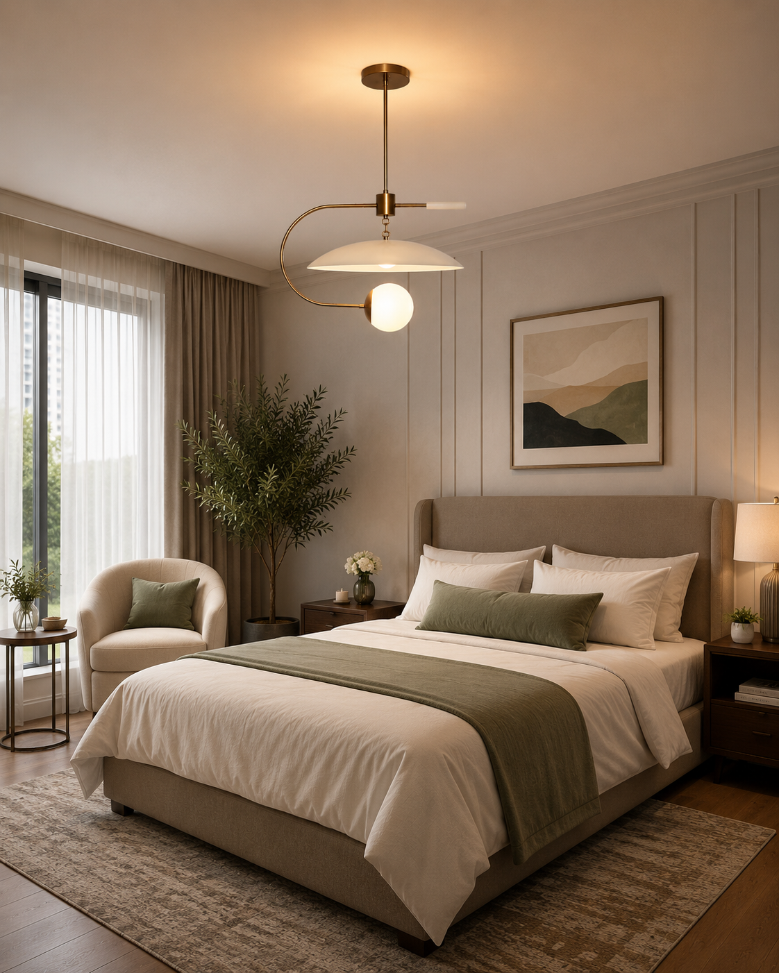 Cannes 1 light brass and white sculptural chandelier displayed above a contemporary bedroom with warm ambient lighting.