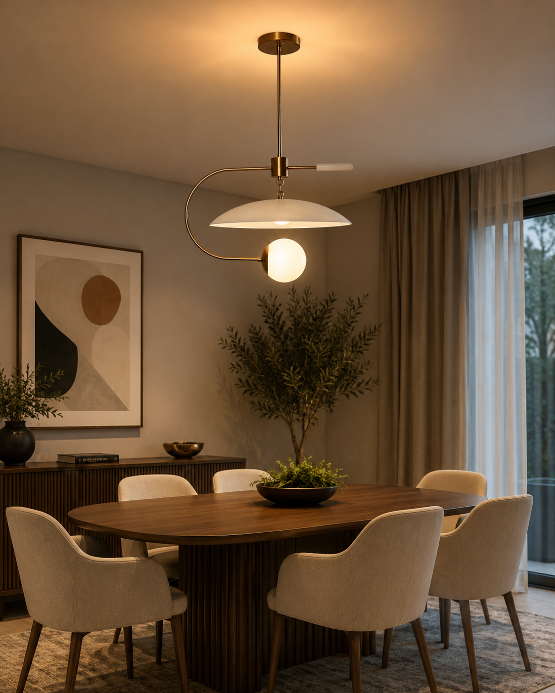 Cannes 1 light sculptural chandelier centered above a modern wood dining table in a warm contemporary dining room.