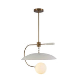 Cannes 1 light sculptural chandelier featuring a curved brass-tone arm, white dome shade and glowing globe light.