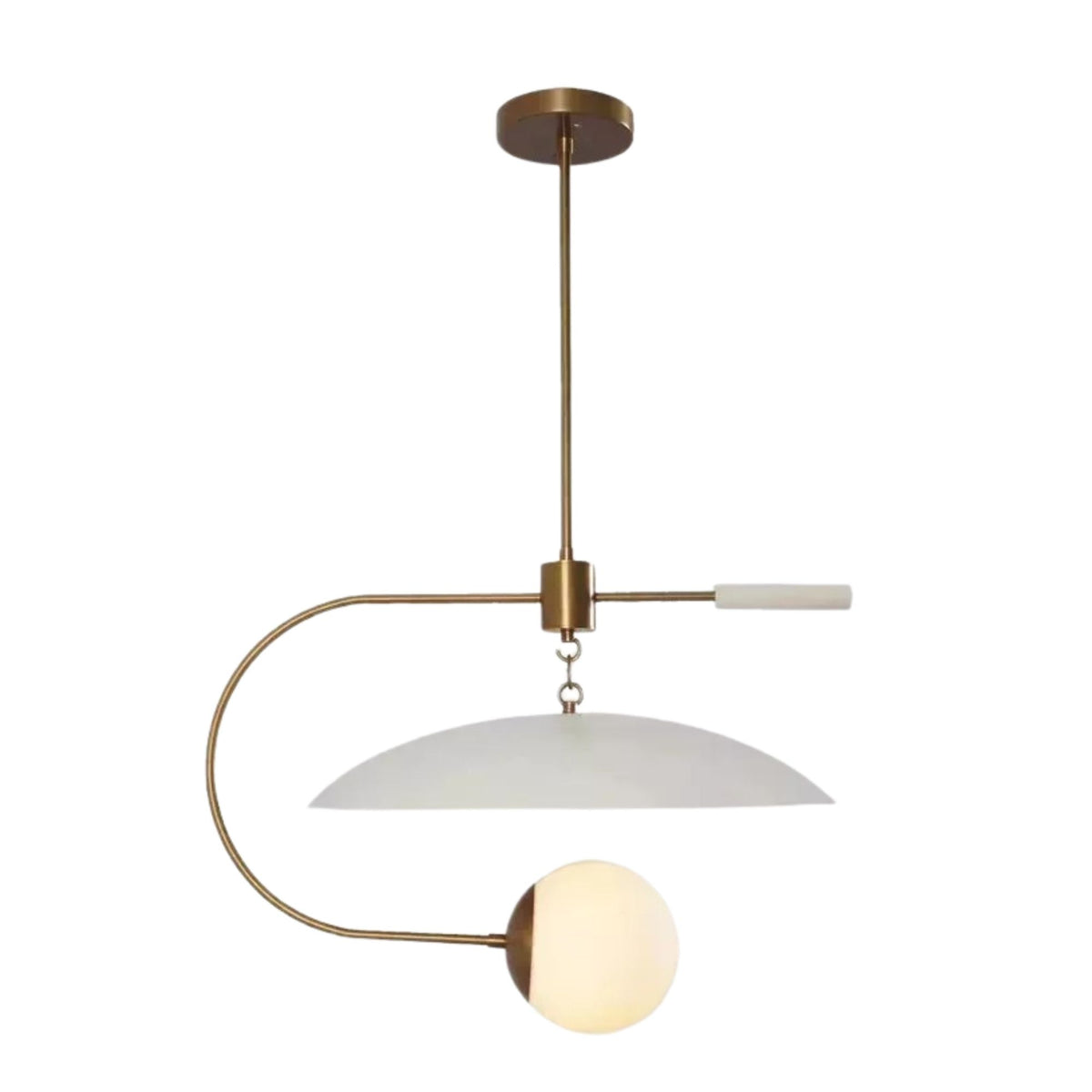 Front view of Cannes 1 light chandelier with an asymmetrical brass frame, suspended white dome and opal globe.