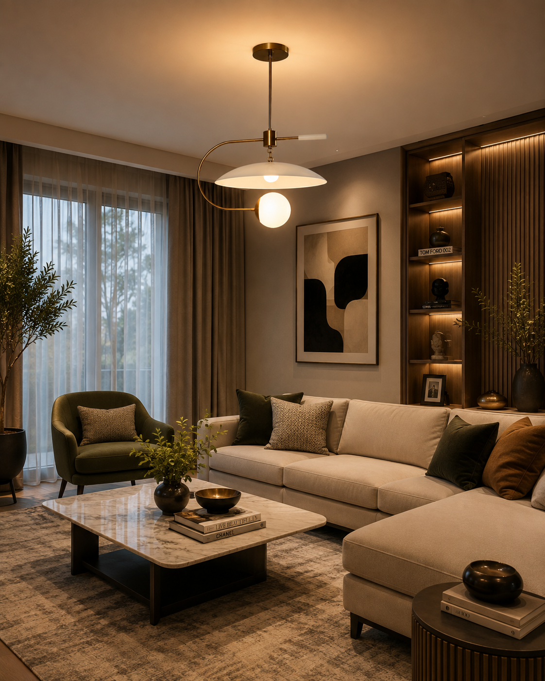 Cannes 1 light brass and white chandelier illuminating an elegant contemporary living room with neutral furnishings.