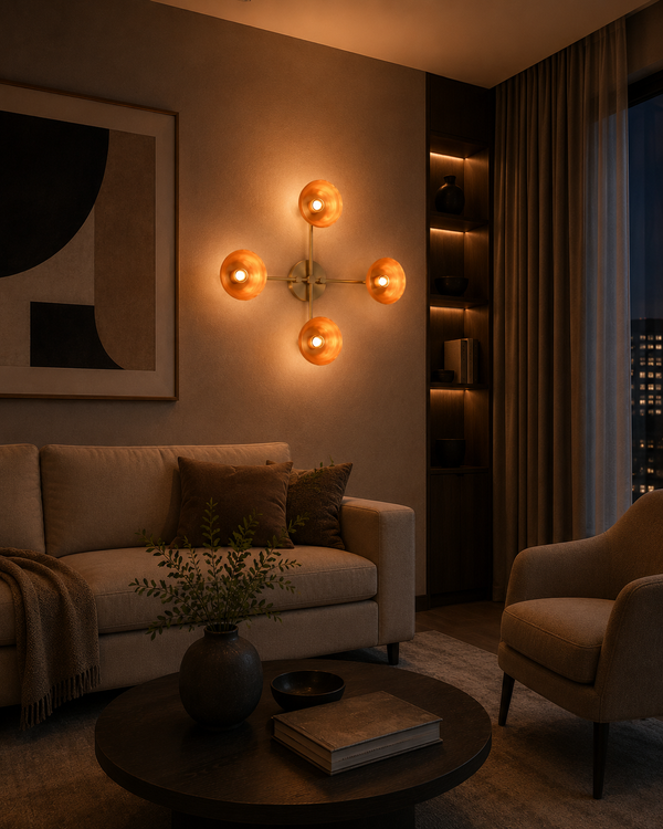 Capri Disc Linear Wall Light installed on a living room wall creating a warm modern accent glow.