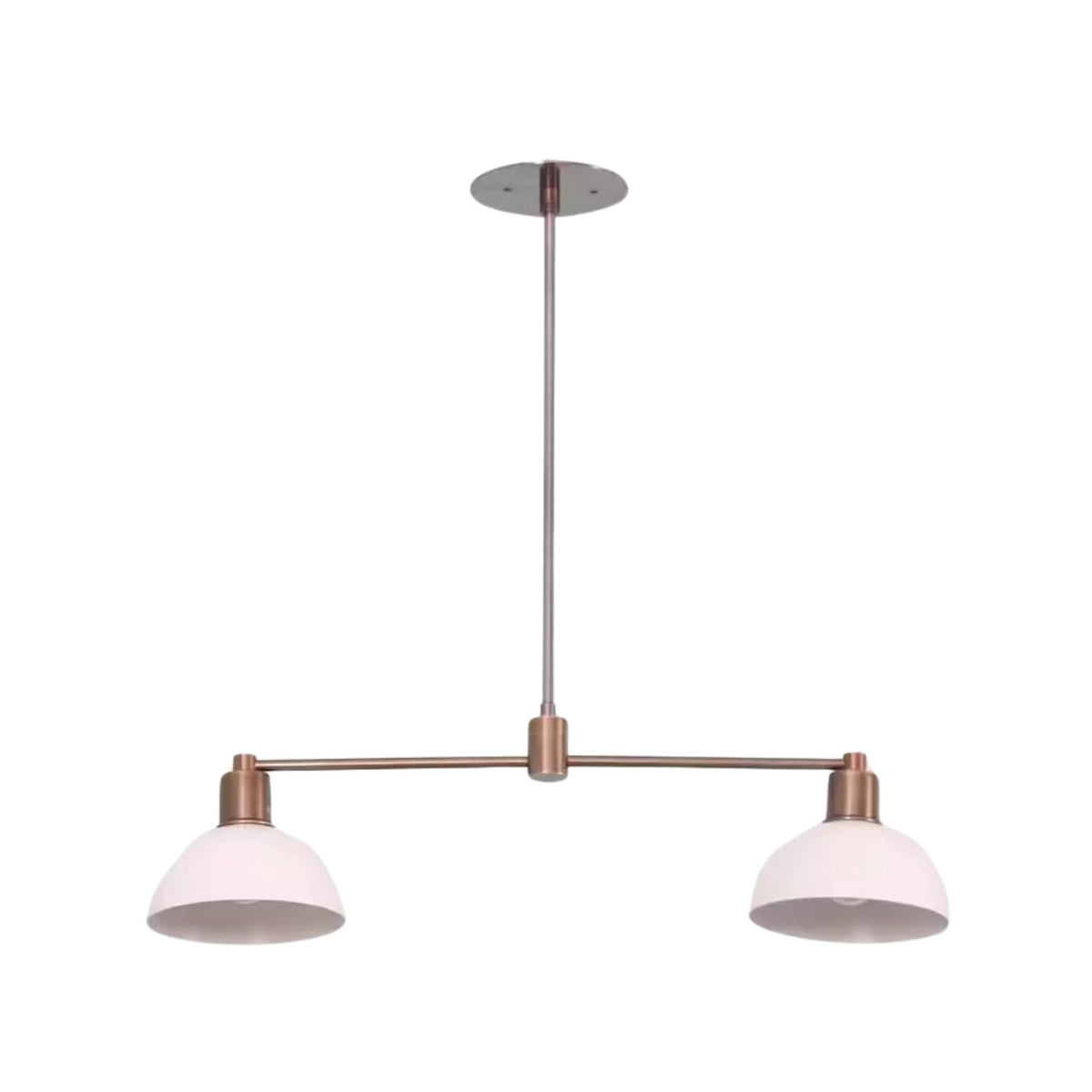 Bottom angled view of Capri 2 light chandelier showcasing white dome shades, downward-facing openings, and a bronze-tone metal frame.