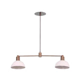Bottom angled view of Capri 2 light chandelier showcasing white dome shades, downward-facing openings, and a bronze-tone metal frame.