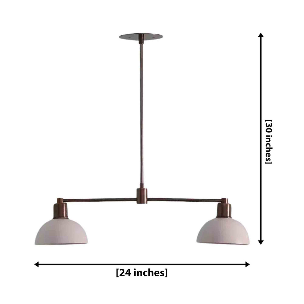 Capri 2 light white dome chandelier dimension image showing 24 inch overall width and 30 inch overall height including the suspension rod.