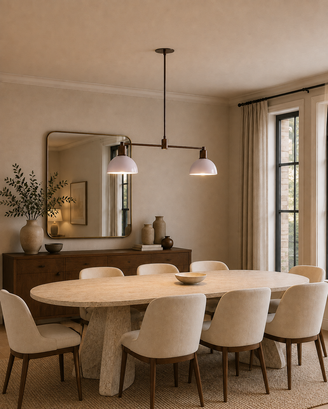 Capri 2 light white dome chandelier suspended above an elegant dining table with cream upholstered chairs, warm ambient lighting, and contemporary neutral interiors.